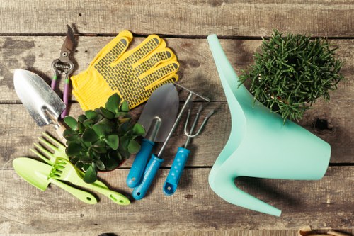 A collection of gardening tools and equipment arranged on a weathered wooden surface, including a small hand trowel, pruning shears, a cultivator, and a hand rake, all with blue handles. There is a pair of yellow gardening gloves with a dotted grip pattern and a small green potted plant with dense foliage placed nearby. Also visible is a light blue plastic watering can positioned beside the plant, suggesting preparations for outdoor gardening or landscaping activities typical of a residential garden in Muswell Hill. The natural textures of the wooden surface contrast with the bright, clean colors of the tools, indicating a well-maintained gardening space suitable for seasonal lawn care and planting tasks, supporting professional services like those offered by Landscapers Muswell Hill in the local area. The scene is well-lit, highlighting the tools and greenery, consistent with daytime gardening work outdoors.