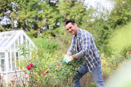 A man engaged in gardening activities in a well-maintained backyard garden in Muswell Hill, with lush green trees and foliage in the background. The garden features a neatly trimmed lawn area with vibrant rose bushes in the foreground, displaying red and pink blooms. To the left, a white-framed glass greenhouse is visible, reflecting natural sunlight. The soil borders are clearly defined, separating the flower beds from the grass, and the surface of the lawn appears dense and evenly mowed. The atmosphere is bright and clear, indicative of a sunny day, highlighting the natural tones of the greenery and floral colours. This setting exemplifies outdoor gardening and landscaping work, demonstrating the type of service provided by Landscapers Muswell Hill in the local area, integrating natural plant arrangements with practical outdoor features.