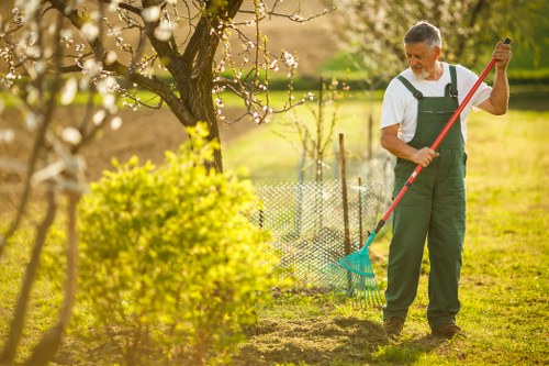 A man wearing green gardening overalls, a white shirt, and safety gloves is standing outdoors in a well-maintained garden in Muswell Hill. He is holding a blue and red gardening rake, actively raking and tending to the soil bed near a flowering tree with pink blossoms. The garden features a lush, green lawn with dense grass, bordered by a low wire fence. Behind him, there are shrubs with fresh yellow-green foliage and a neatly pruned hedge in the background, with sunlight filtering through the trees, indicating a clear, bright day. The scene reflects a well-organised outdoor space suitable for gardening and landscaping maintenance, aligning with the services of Landscapers Muswell Hill, emphasizing garden care, lawn management, and overall outdoor estate upkeep in the local area.